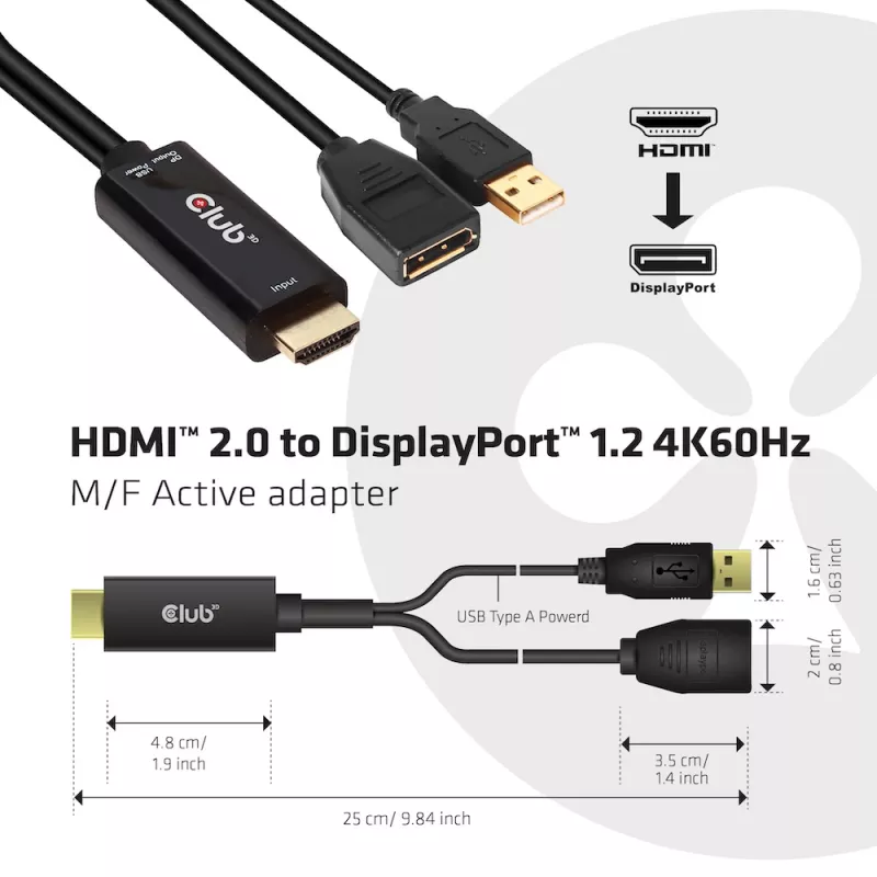 CLUB3D CAC-1331 vaizdo kabelio adapteris 0,25 m HDMI DisplayPort juodas