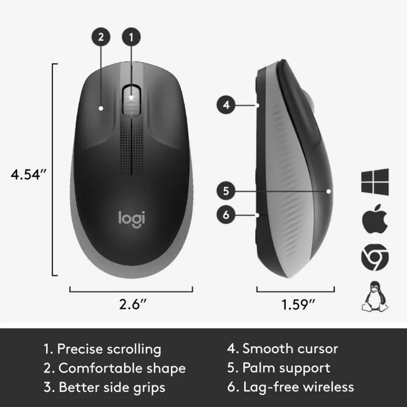 LOGITECH M190 pilno dydžio belaidė pelė, vidutiniškai pilka