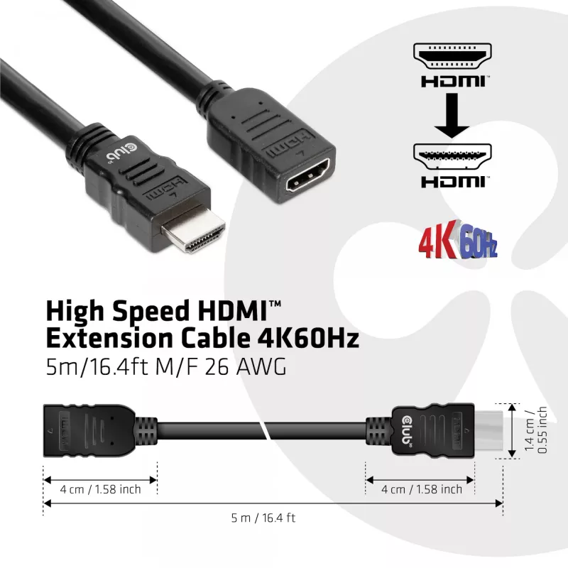 CLUB3D High Speed HDMI™ ilginimo laidas 4K60Hz M/F 5m/16.4ft 26 AWG