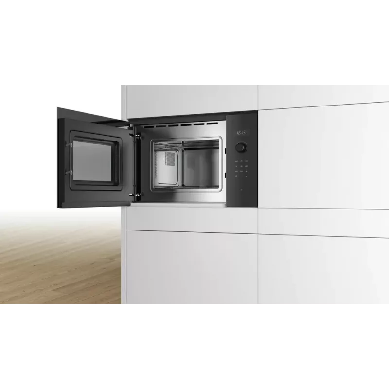 Įmontuojama solo mikrobangų krosnelė Bosch Serie 6 BFL524MB0 — 800 W, 20 L, grilis, jutiklinis ir sukamasis valdymas, juoda