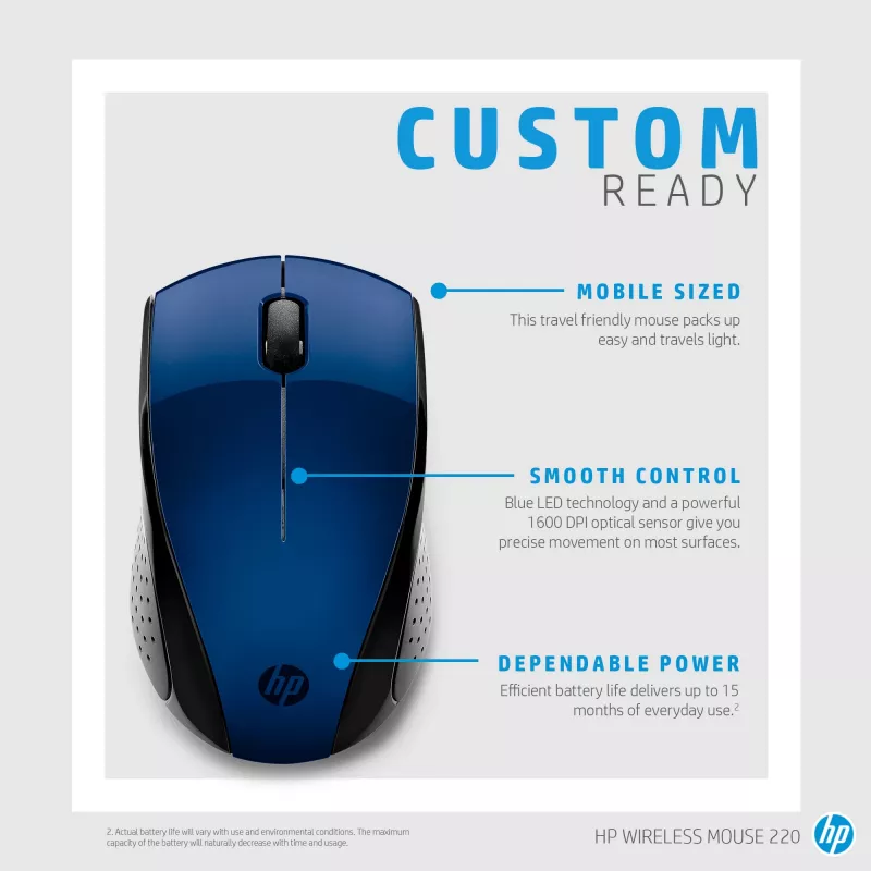 HP Wireless Mouse 220 (Lumiere Blue), ambidekstrinė, RF belaidė, mėlyna