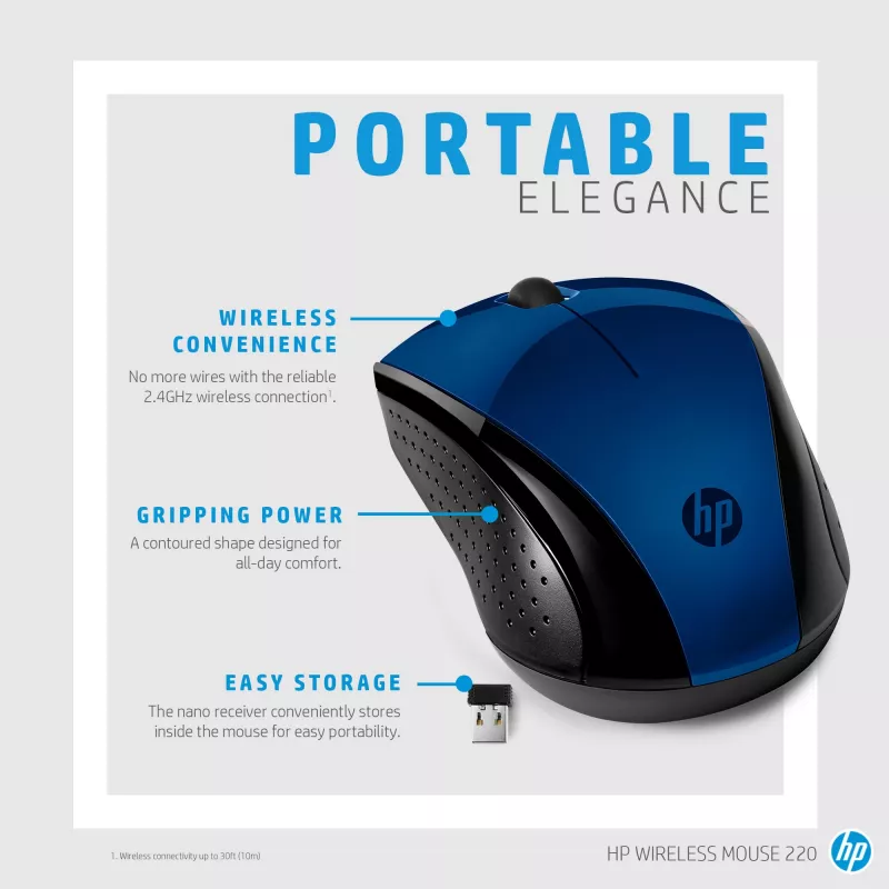 HP Wireless Mouse 220 (Lumiere Blue), ambidekstrinė, RF belaidė, mėlyna