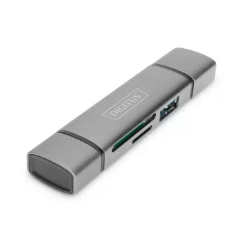 DIGITUS kombinuotas kortelių skaitytuvas su USB šakotuvu (USB-C + USB 3.0) 1x SD, 1x MicroSD, 1x USB 3.0, pilka