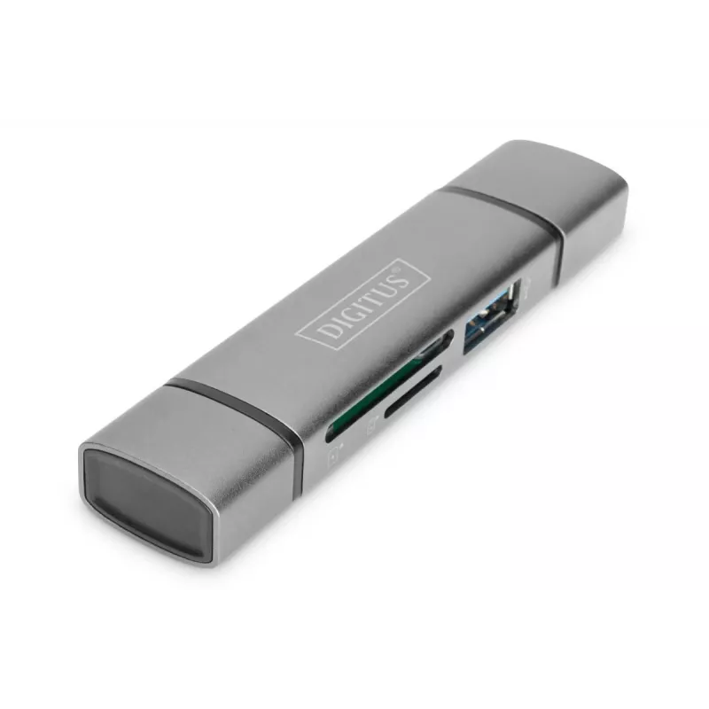 DIGITUS kombinuotas kortelių skaitytuvas su USB šakotuvu (USB-C + USB 3.0) 1x SD, 1x MicroSD, 1x USB 3.0, pilka