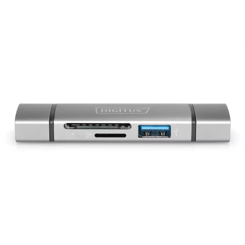 DIGITUS kombinuotas kortelių skaitytuvas su USB šakotuvu (USB-C + USB 3.0) 1x SD, 1x MicroSD, 1x USB 3.0, pilka