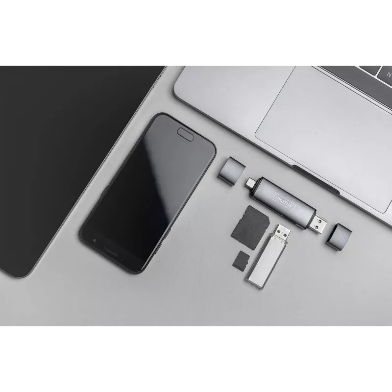 DIGITUS kombinuotas kortelių skaitytuvas su USB šakotuvu (USB-C + USB 3.0) 1x SD, 1x MicroSD, 1x USB 3.0, pilka