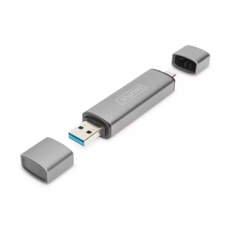 DIGITUS kombinuotas kortelių skaitytuvas su USB šakotuvu (USB-C + USB 3.0) 1x SD, 1x MicroSD, 1x USB 3.0, pilka