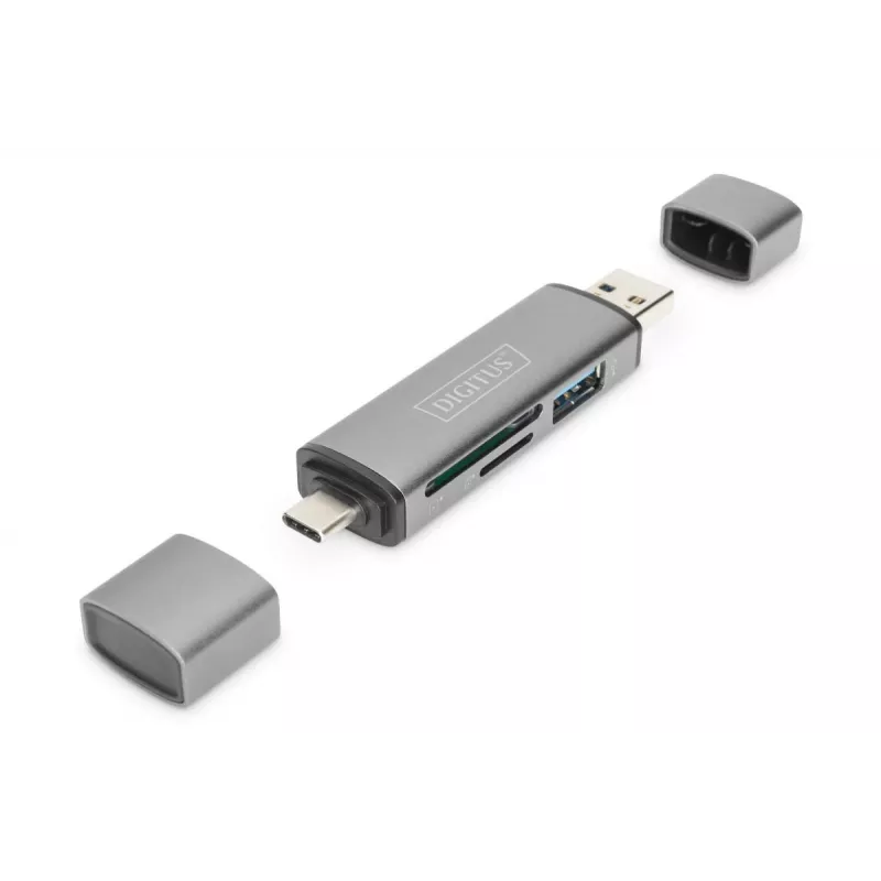 DIGITUS kombinuotas kortelių skaitytuvas su USB šakotuvu (USB-C + USB 3.0) 1x SD, 1x MicroSD, 1x USB 3.0, pilka