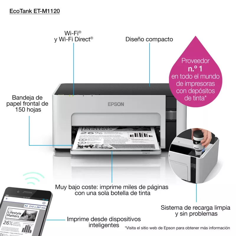 Rašalinis spausdintuvas Epson EcoTank ET-M1120 — vienspalvis, A4, 1440x720 DPI, „Wi‑Fi“, papildomas rašalo bakelis