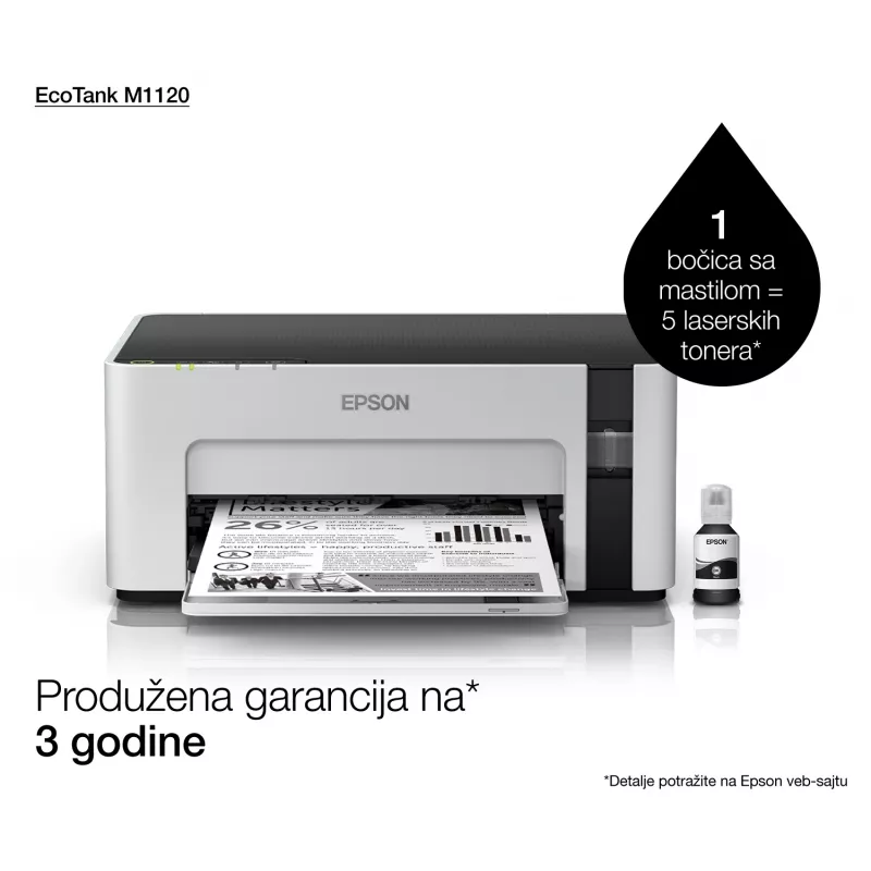 Rašalinis spausdintuvas Epson EcoTank ET-M1120 — vienspalvis, A4, 1440x720 DPI, „Wi‑Fi“, papildomas rašalo bakelis