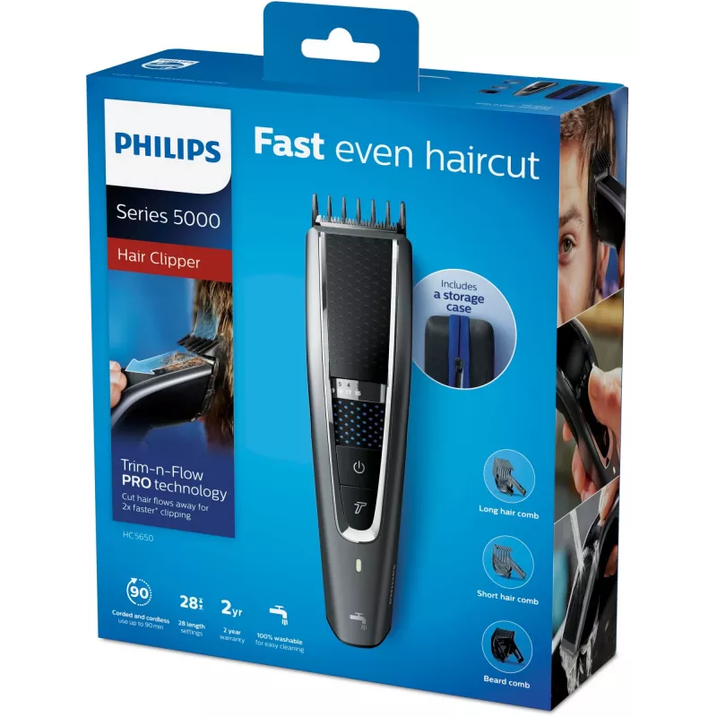 Plaukų kirpimo mašinėlė „Philips 5000 series HC5650/15“ — belaidė, ličio jonų baterija, 90 min., 28 ilgio pakopos (0,5–28 mm), 41 mm nerūdijančio plieno peiliukai