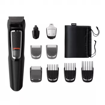 Multigroomer trimmer Philips MULTIGROOM Series 3000 9-in-1 MG3740/15 — NiMH baterija, 60 min veikimo laikas, nerūdijančio plieno peiliukai, 9 šukos, juoda