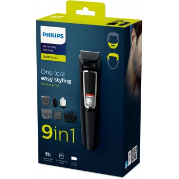 Multigroomer trimmer Philips MULTIGROOM Series 3000 9-in-1 MG3740/15 — NiMH baterija, 60 min veikimo laikas, nerūdijančio plieno peiliukai, 9 šukos, juoda