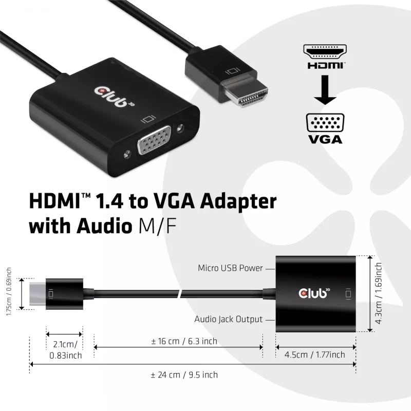 CLUB3D CAC-1302 vaizdo kabelio adapteris 0,5 m HDMI A tipo (standartinis) VGA (D-Sub) juodas