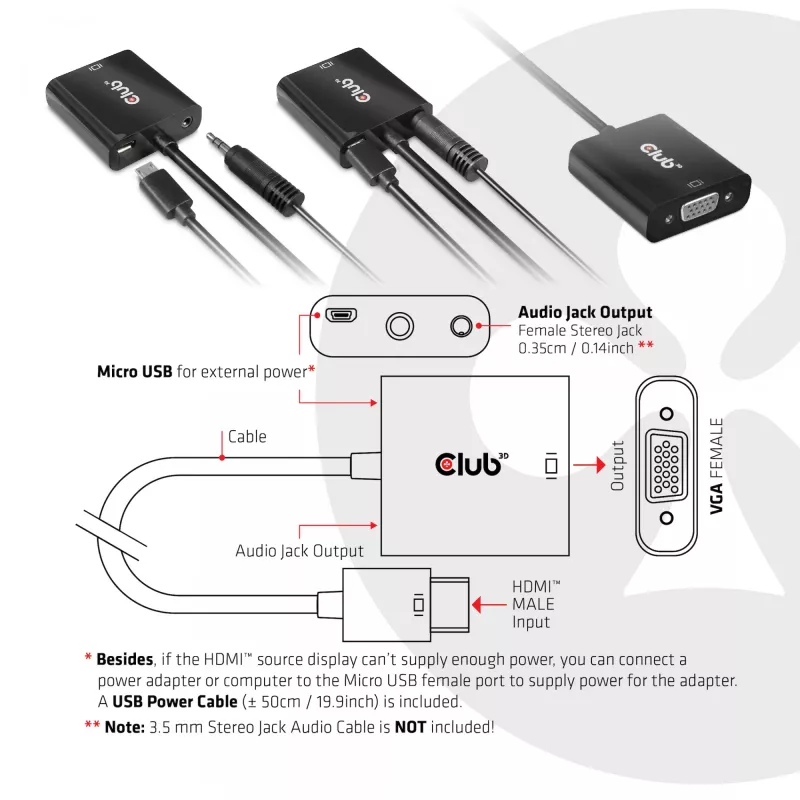 CLUB3D CAC-1302 vaizdo kabelio adapteris 0,5 m HDMI A tipo (standartinis) VGA (D-Sub) juodas