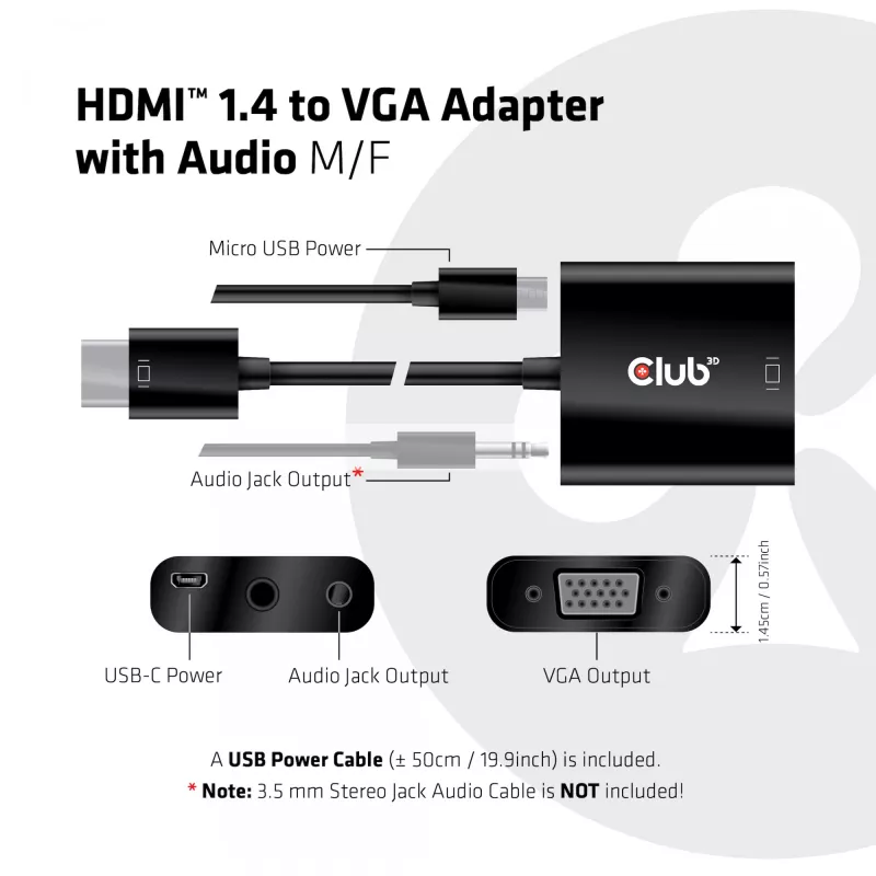CLUB3D CAC-1302 vaizdo kabelio adapteris 0,5 m HDMI A tipo (standartinis) VGA (D-Sub) juodas