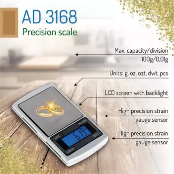 Precizinės svarstyklės Adler AD 3168, 100 g talpa, 0,01 g tikslumas, sidabrinės, nešiojamos