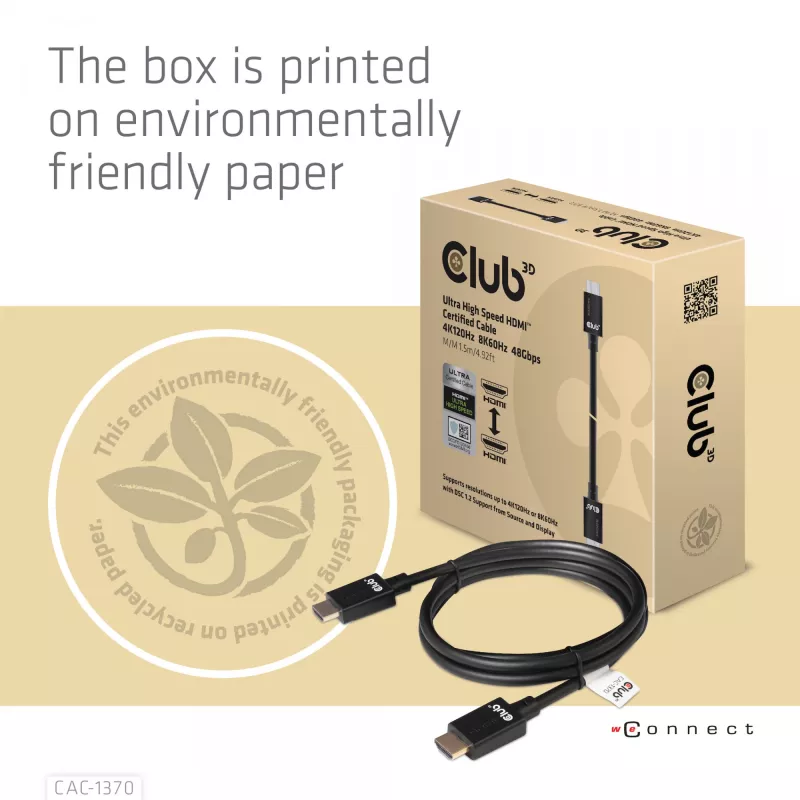 CLUB3D Ultra High Speed HDMI 4K120Hz, 8K60Hz sertifikuotas kabelis 48Gbps M/M 1,5 m/4,92 ft