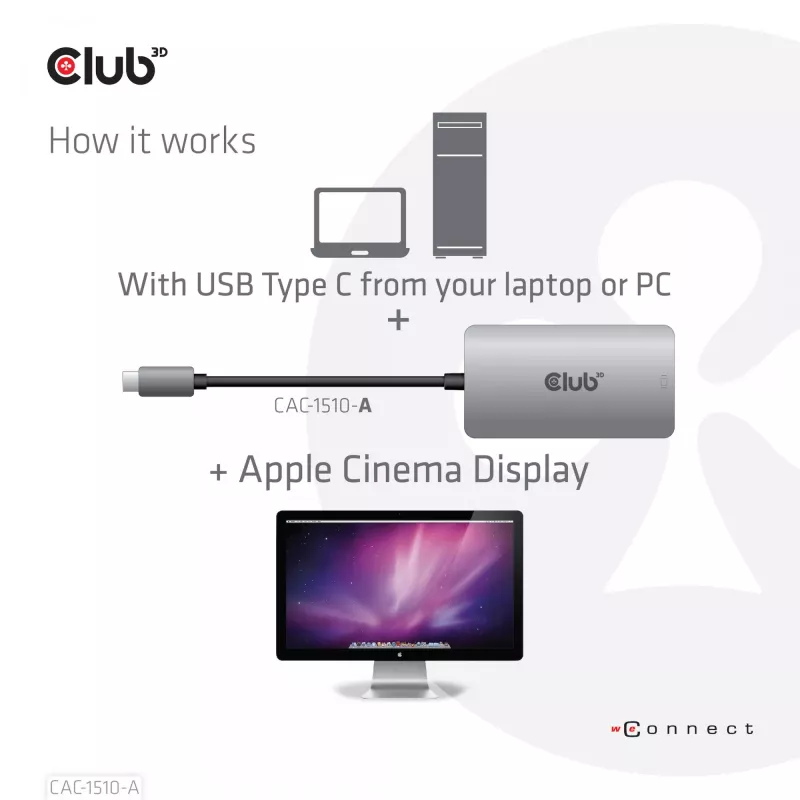 CLUB3D USB3.2 Gen1 Type-C į Dual Link DVI-D HDCP OFF versijos aktyvus adapteris M/F, skirtas Apple Cinema Displays