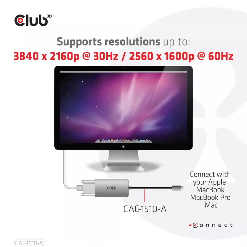 CLUB3D USB3.2 Gen1 Type-C į Dual Link DVI-D HDCP OFF versijos aktyvus adapteris M/F, skirtas Apple Cinema Displays