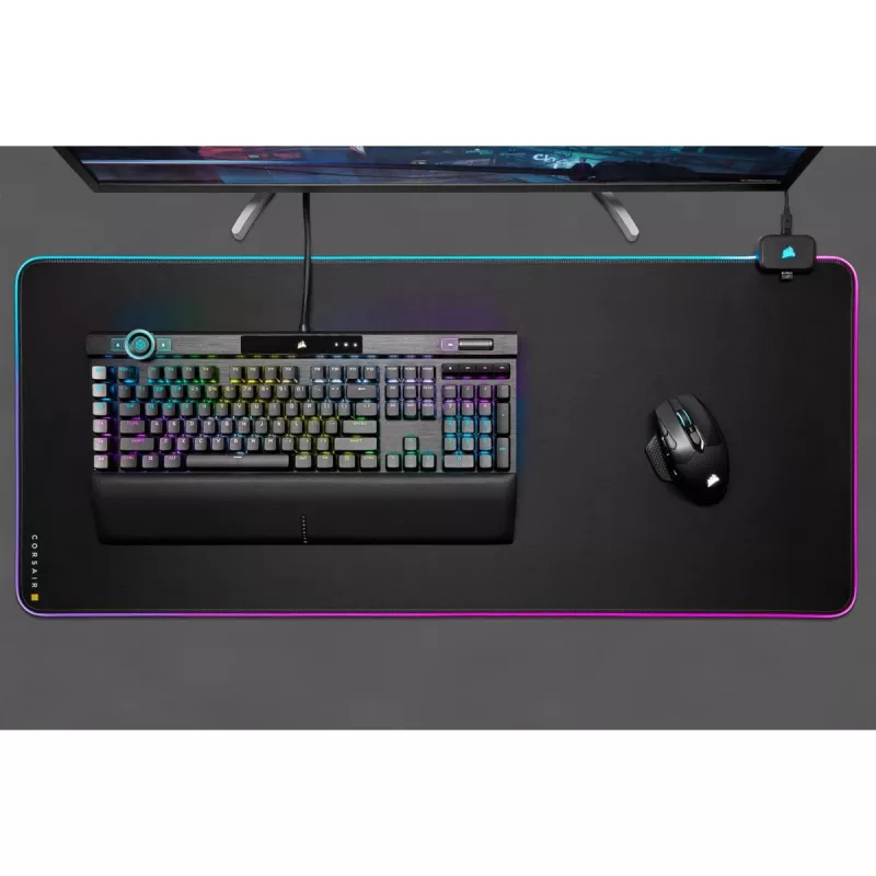 Žaidimų pelės kilimėlis CORSAIR MM700 RGB — 930×400 mm, 4 mm storio, guminis pagrindas, USB maitinamas LED apšvietimas, juodas