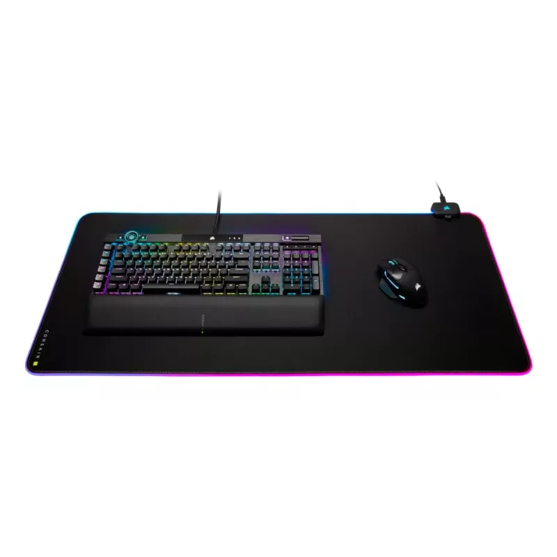 Žaidimų pelės kilimėlis CORSAIR MM700 RGB — 930×400 mm, 4 mm storio, guminis pagrindas, USB maitinamas LED apšvietimas, juodas