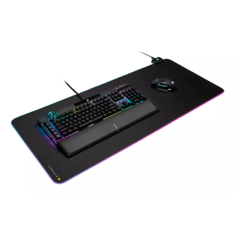 Žaidimų pelės kilimėlis CORSAIR MM700 RGB — 930×400 mm, 4 mm storio, guminis pagrindas, USB maitinamas LED apšvietimas, juodas