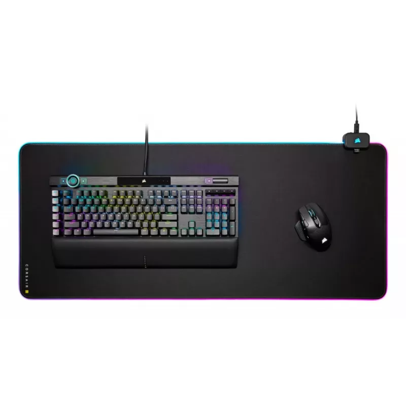 Žaidimų pelės kilimėlis CORSAIR MM700 RGB — 930×400 mm, 4 mm storio, guminis pagrindas, USB maitinamas LED apšvietimas, juodas