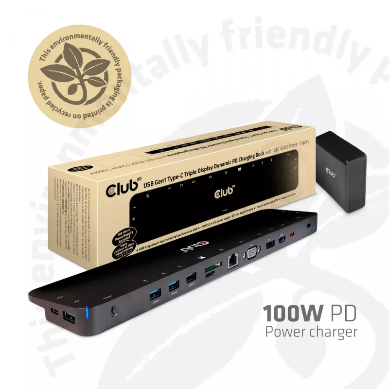CLUB3D USB Type C 3.2 Gen1 Triple Display Dynamic PD Charging Dock 100W PD maitinimo įkroviklis