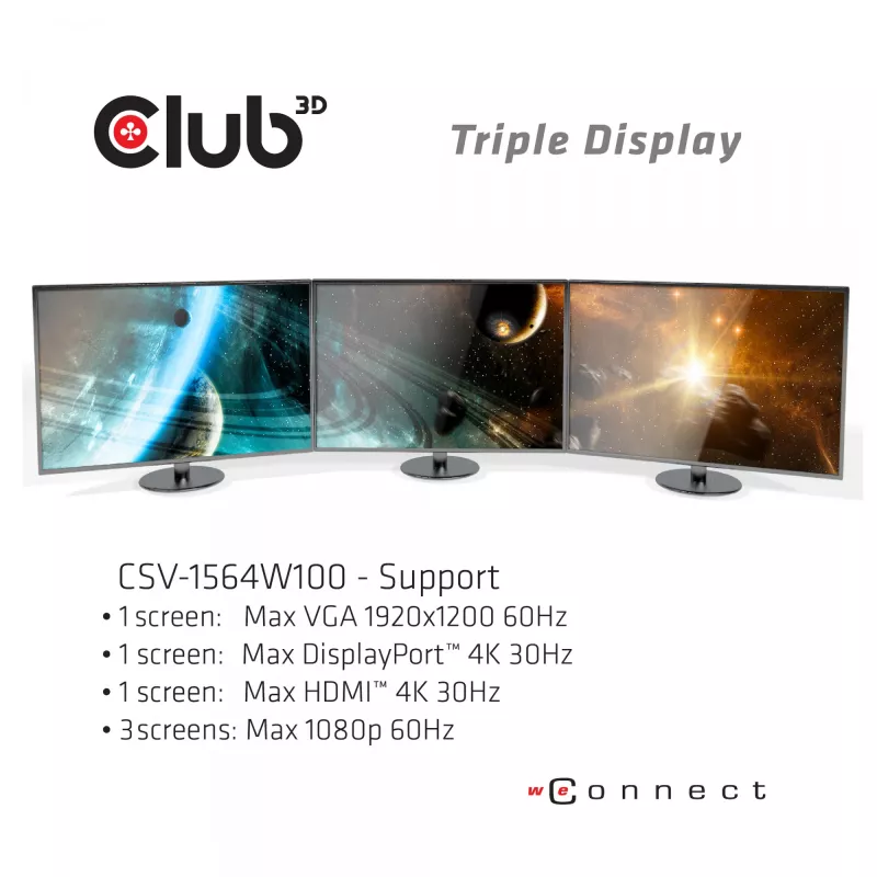 CLUB3D USB Type C 3.2 Gen1 Triple Display Dynamic PD Charging Dock 100W PD maitinimo įkroviklis