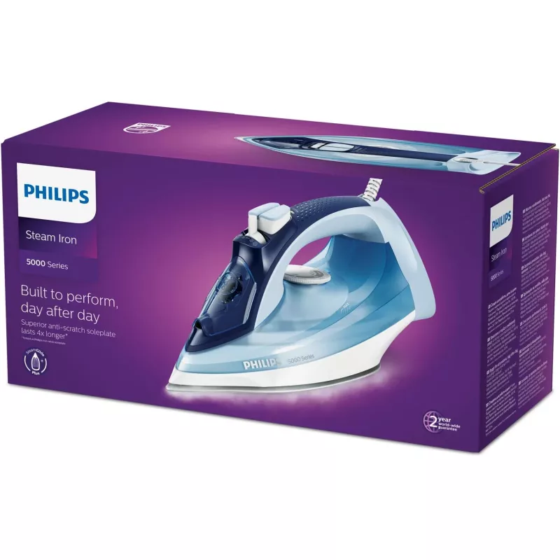 Garinis lygintuvas Philips DST5030/20 — 2400W, 0,32 L talpos bakelis, SteamGlide Plus padas, 45 g/min nuolatinis garas, 180 g/min garų pliūpsnis, Mėlynas