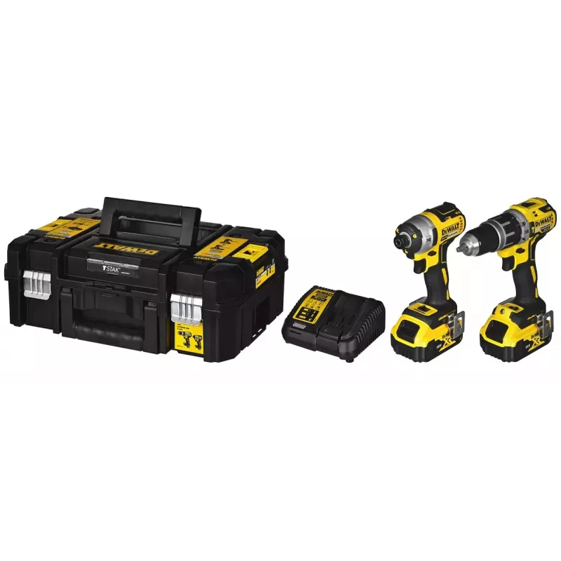 Belaidis elektrinių įrankių komplektas DeWalt DCK266P2T — 18V, 2×5.0Ah baterijos, smūginis suktuvas ir kombinuotas gręžtuvas, įkroviklis, dėklas