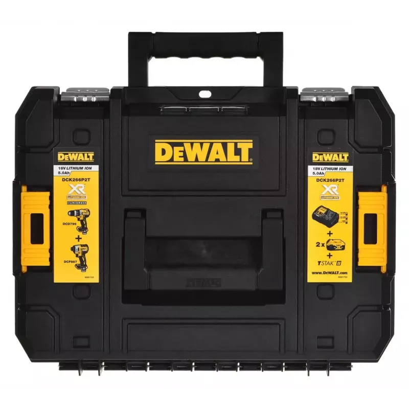 Belaidis elektrinių įrankių komplektas DeWalt DCK266P2T — 18V, 2×5.0Ah baterijos, smūginis suktuvas ir kombinuotas gręžtuvas, įkroviklis, dėklas