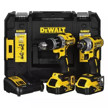 Belaidis elektrinių įrankių komplektas DeWalt DCK266P2T — 18V, 2×5.0Ah baterijos, smūginis suktuvas ir kombinuotas gręžtuvas, įkroviklis, dėklas