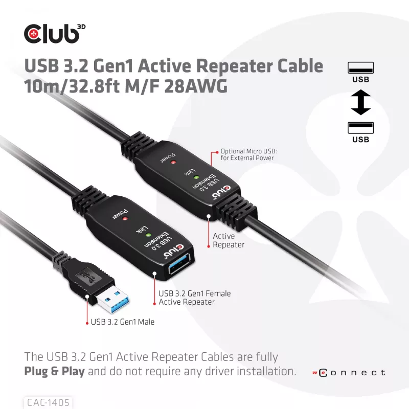 CLUB3D USB 3.2 Gen1 aktyvusis kartotuvo kabelis 10 m / 32.8ft M/F 28AWG