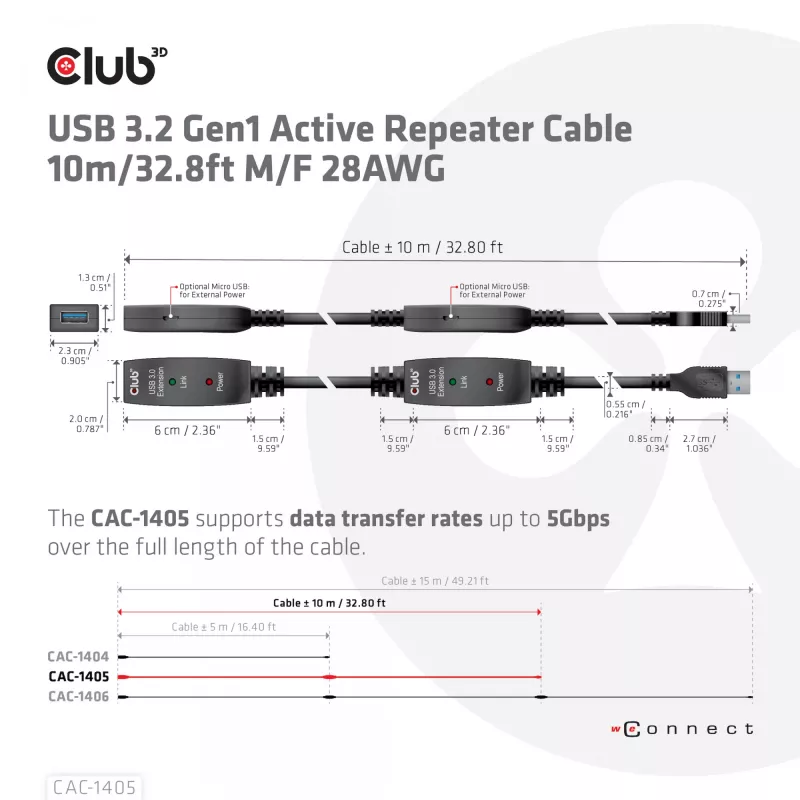 CLUB3D USB 3.2 Gen1 aktyvusis kartotuvo kabelis 10 m / 32.8ft M/F 28AWG