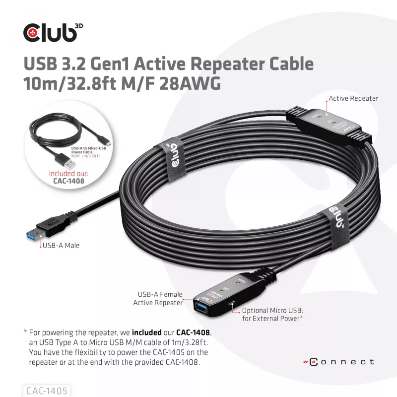 CLUB3D USB 3.2 Gen1 aktyvusis kartotuvo kabelis 10 m / 32.8ft M/F 28AWG