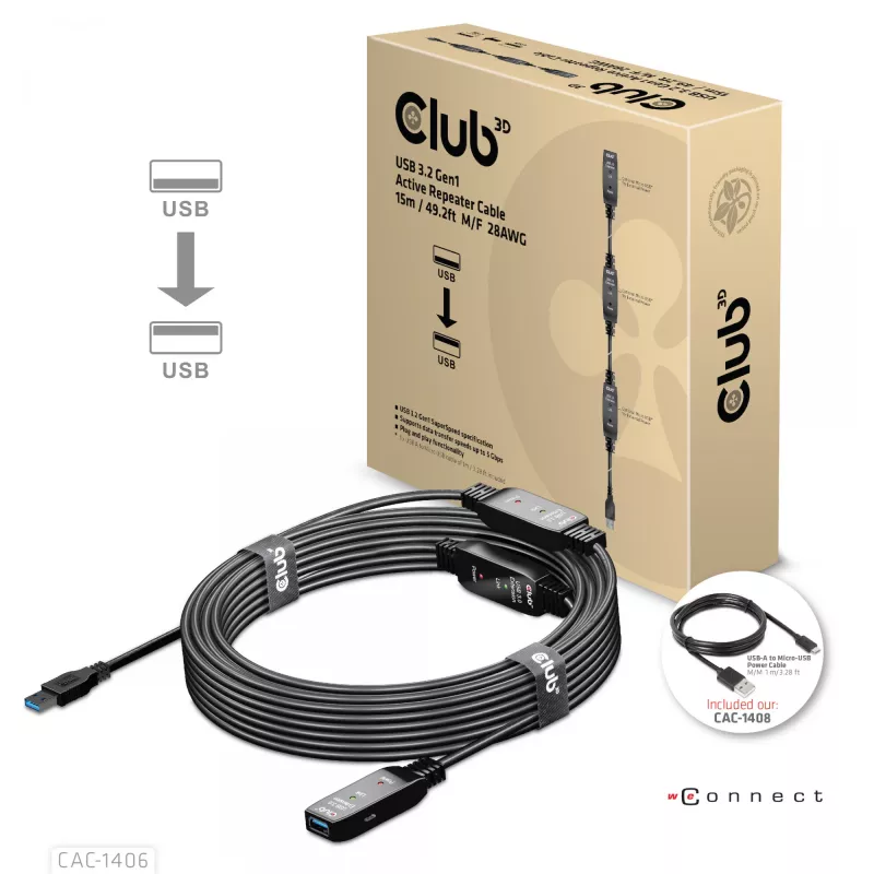 CLUB3D USB 3.2 Gen1 aktyvus kartotuvo kabelis 15 m/ 49.2 ft M/F 28AWG