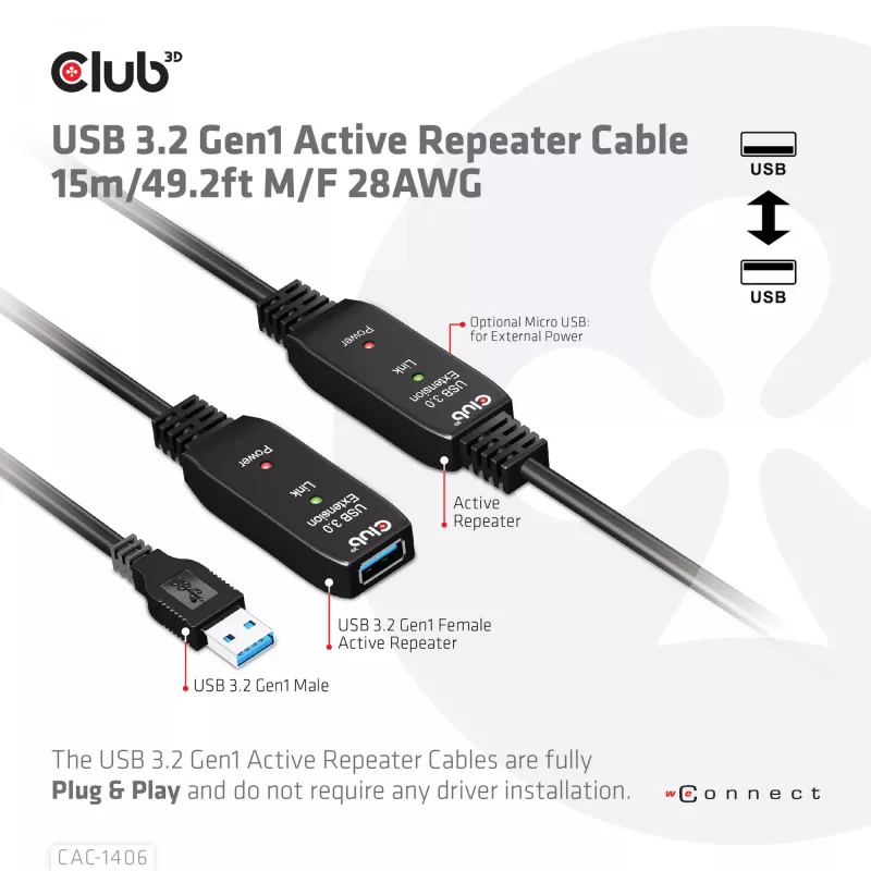 CLUB3D USB 3.2 Gen1 aktyvus kartotuvo kabelis 15 m/ 49.2 ft M/F 28AWG