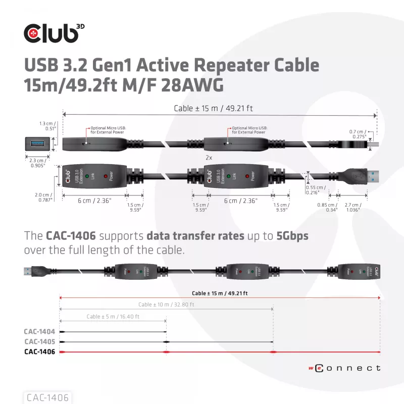 CLUB3D USB 3.2 Gen1 aktyvus kartotuvo kabelis 15 m/ 49.2 ft M/F 28AWG
