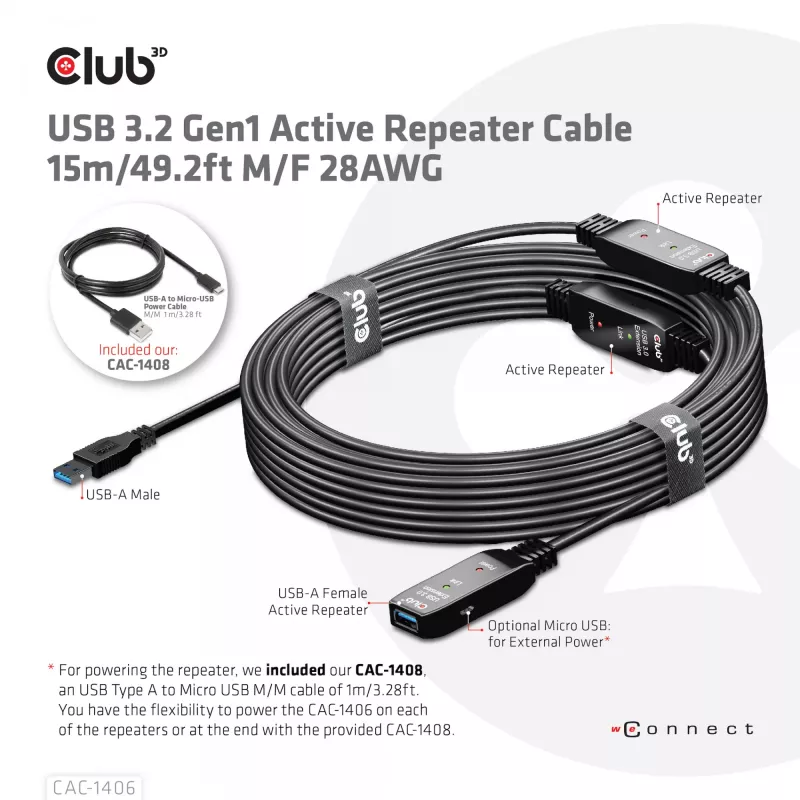 CLUB3D USB 3.2 Gen1 aktyvus kartotuvo kabelis 15 m/ 49.2 ft M/F 28AWG