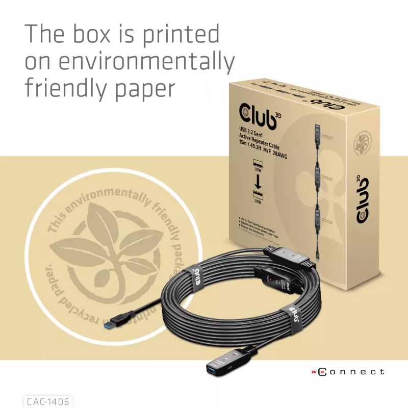 CLUB3D USB 3.2 Gen1 aktyvus kartotuvo kabelis 15 m/ 49.2 ft M/F 28AWG