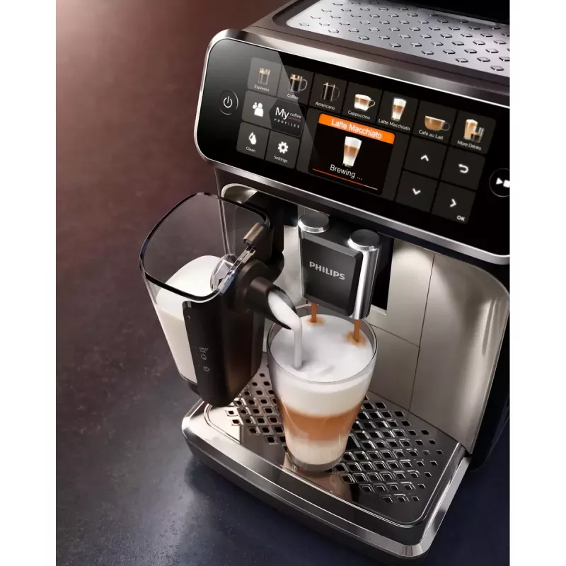 Espresso aparatas Philips EP5447/90 — pilnai automatinis, 1,8 L vandens talpa, 275 g pupelių talpykla, 15 barų, 0,26 L pieno talpykla