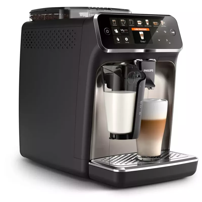 Espresso aparatas Philips EP5447/90 — pilnai automatinis, 1,8 L vandens talpa, 275 g pupelių talpykla, 15 barų, 0,26 L pieno talpykla