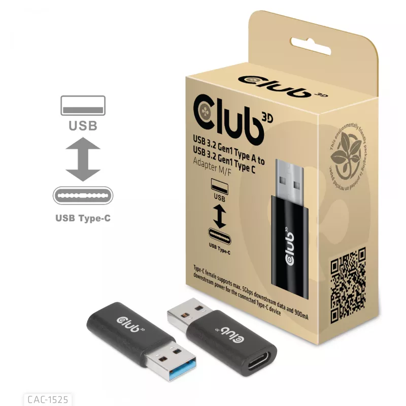 CLUB3D USB 3.2 Gen1 Tipas A į USB 3.2 Gen1 Type C adapteris M/F