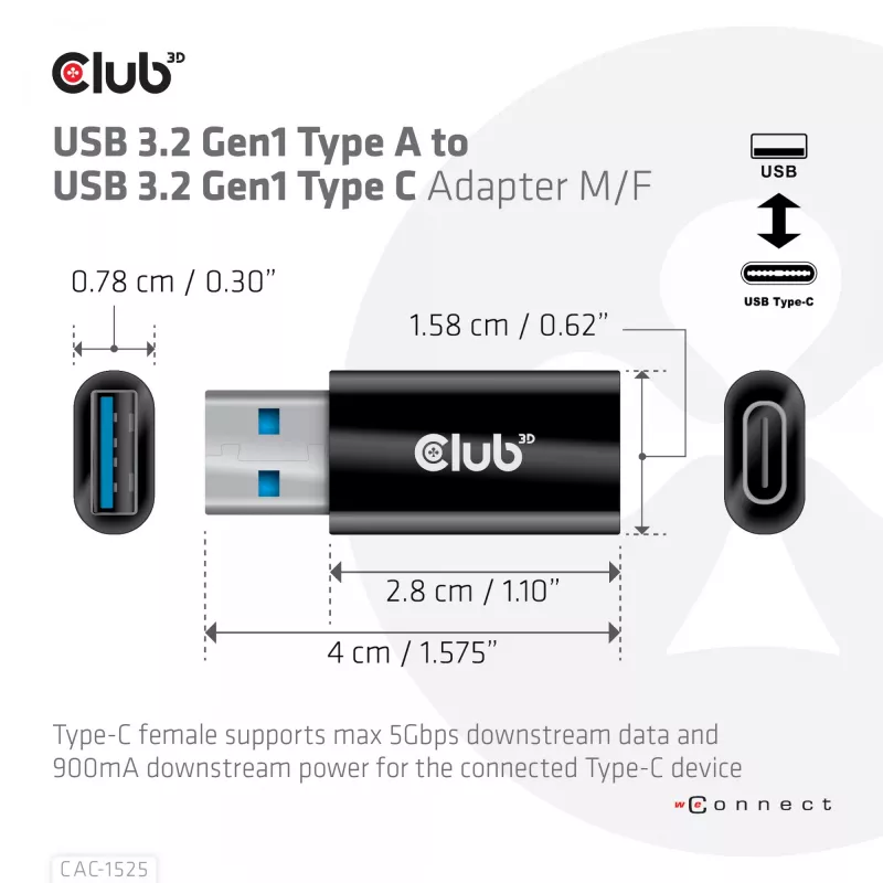CLUB3D USB 3.2 Gen1 Tipas A į USB 3.2 Gen1 Type C adapteris M/F
