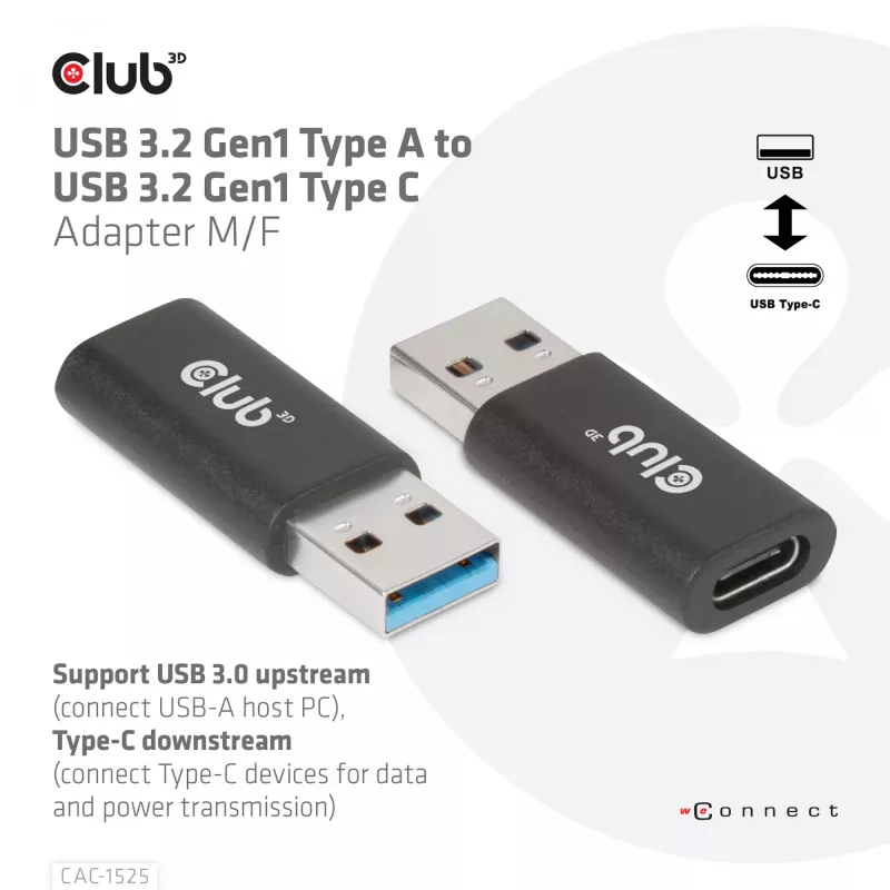 CLUB3D USB 3.2 Gen1 Tipas A į USB 3.2 Gen1 Type C adapteris M/F