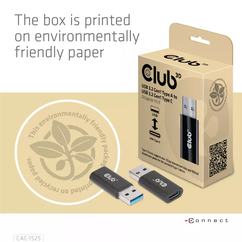 CLUB3D USB 3.2 Gen1 Tipas A į USB 3.2 Gen1 Type C adapteris M/F