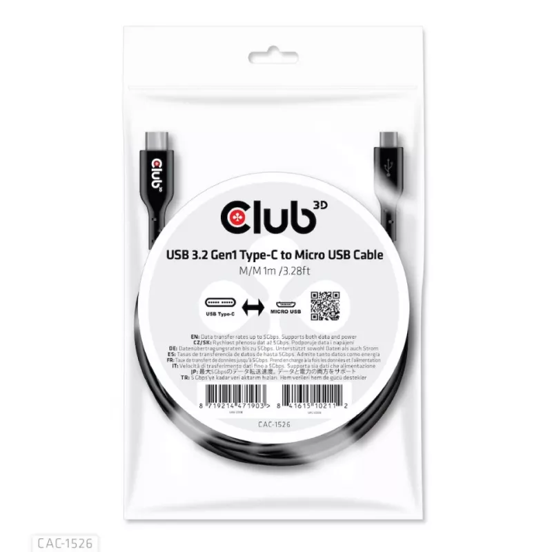 CLUB3D USB 3.2 Gen1 Type-C į Micro USB kabelis M/M 1 m /3.28 pėd.