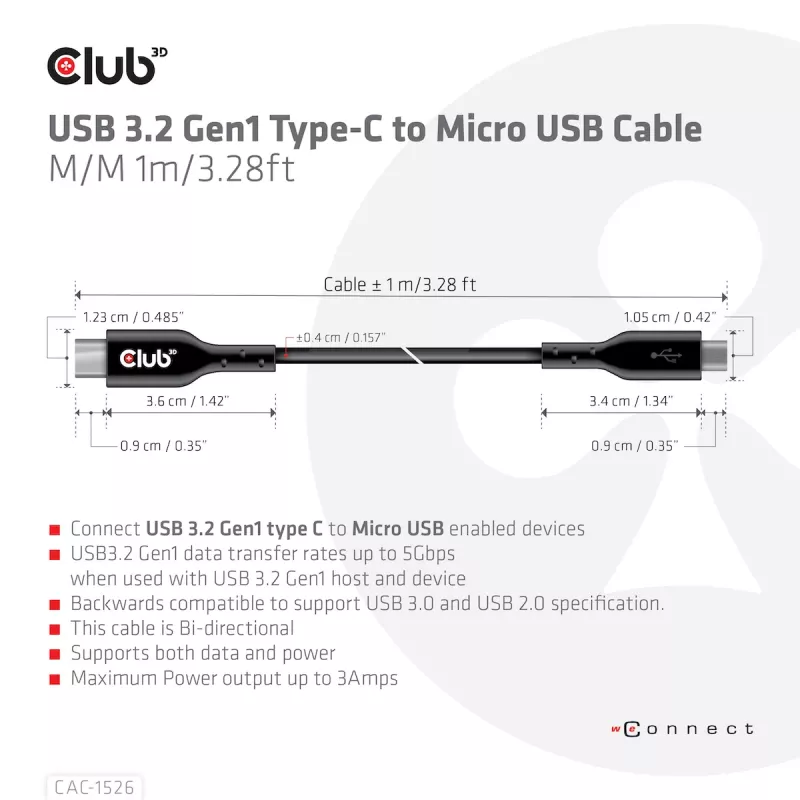 CLUB3D USB 3.2 Gen1 Type-C į Micro USB kabelis M/M 1 m /3.28 pėd.